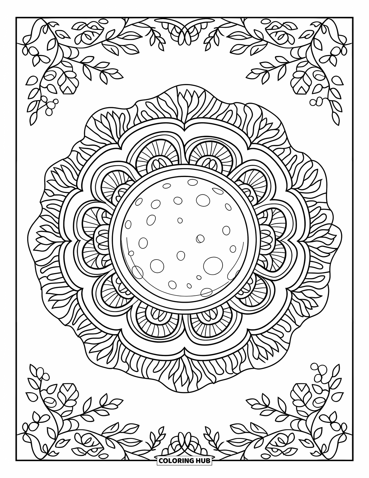 Moon And Stars Coloring Page for Adults: Moon with leafy mandala layers in concentric rings
