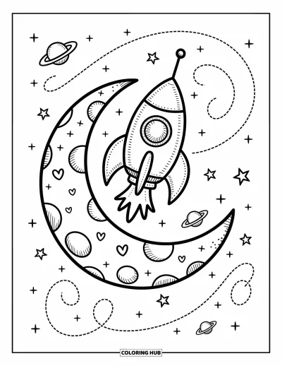 Coloriage de la lune et des étoiles pour adultes : Fusée dérivant près d'un croissant de lune aux cratères en forme de cœur