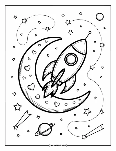 Coloriage de la lune et des étoiles pour adultes : Fusée flottant au-dessus d'un croissant de lune aux cratères en forme de cœur