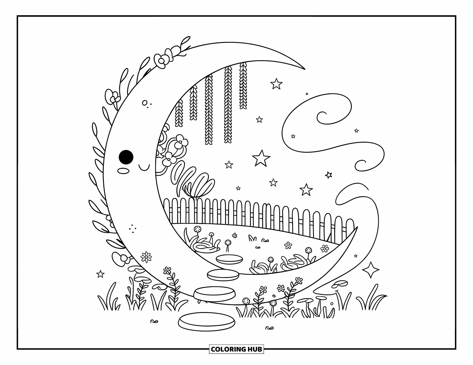 Moon And Stars Coloring Page for Adults: Secret moon garden framed by a glowing crescent