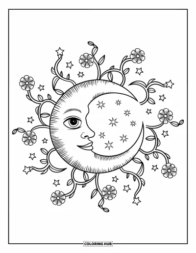 Coloriage de la lune et des étoiles pour adultes : Lune souriante ornée de lianes, de fleurs et de petites étoiles