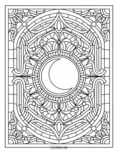 Coloriage de la lune et des étoiles pour adultes : Motif de vitrail avec un croissant de lune en pièce centrale