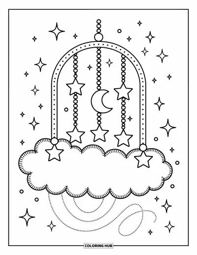 Coloriage de la lune et des étoiles pour adultes : Mobile fantaisiste avec des nuages et des pendentifs en forme de lune et d'étoile