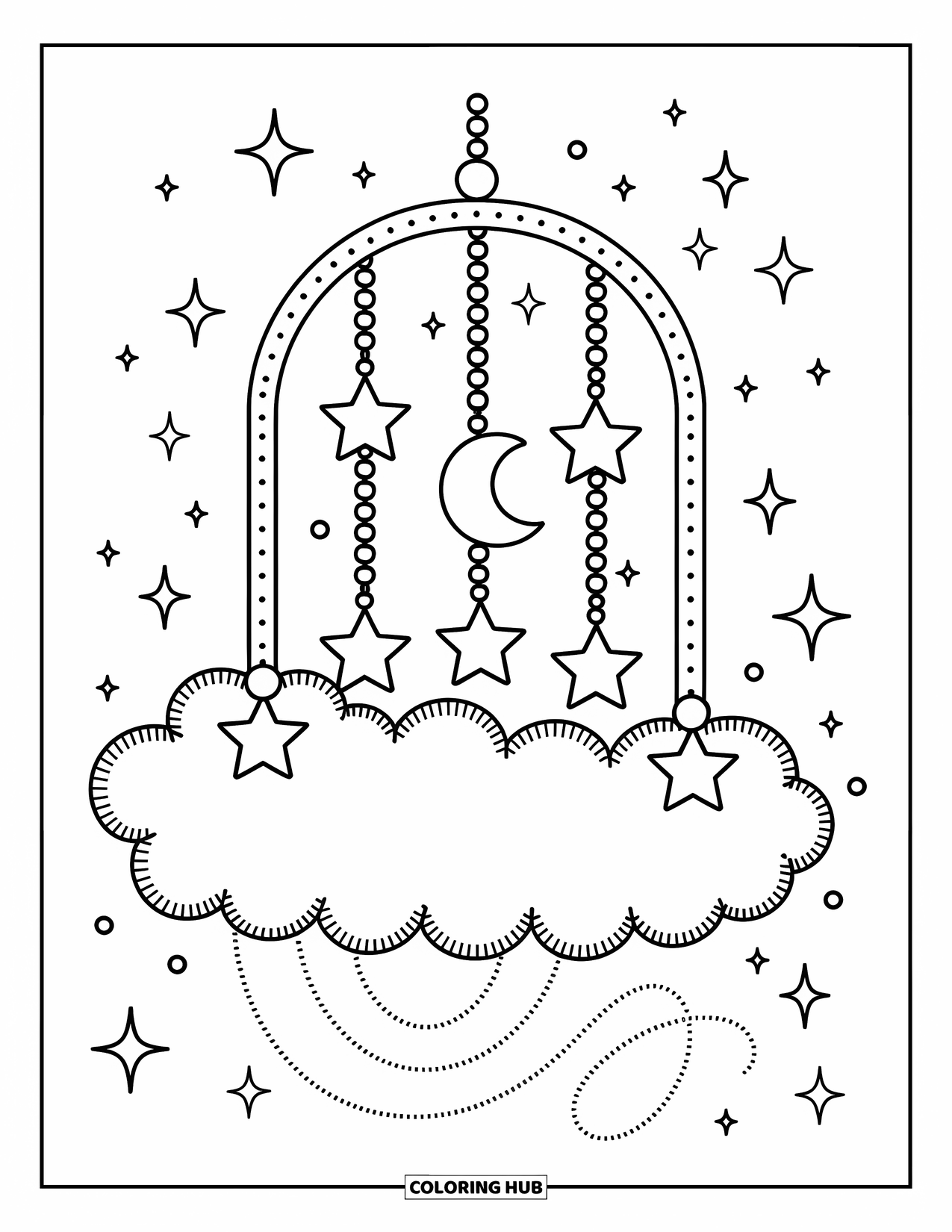 Moon And Stars Coloring Page for Adults: Whimsical cloud mobile with dangling moon and star charms