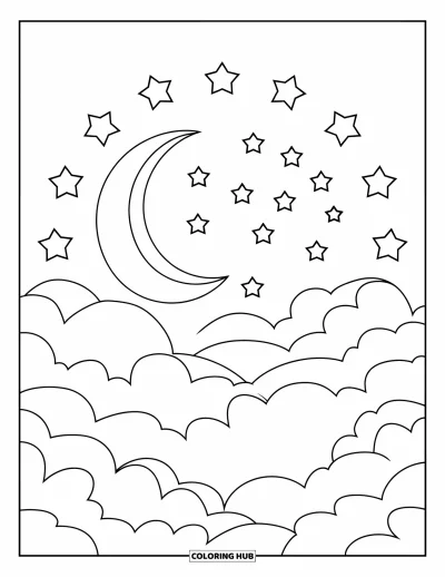 Coloriage de la lune et des étoiles pour enfants : Arc de lune et d'étoiles au-dessus de nuages moelleux