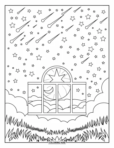 Coloriage de la lune et des étoiles pour enfants : Fenêtre circulaire sur le ciel brillant d'étoiles et d'un croissant de lune