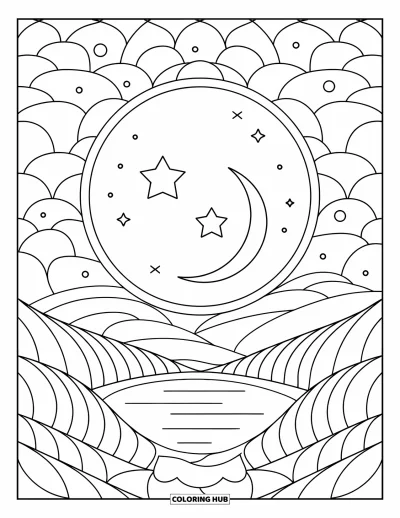 Coloriage de la lune et des étoiles pour enfants : Fenêtre circulaire sur le ciel avec des étoiles et un croissant de lune