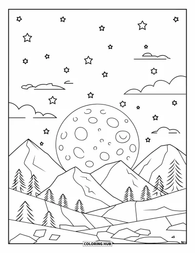 Coloriage de la lune et des étoiles pour enfants : Nuages, lune et étoiles disposés en arc nocturne