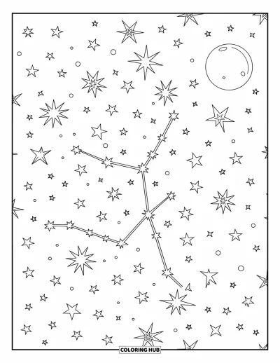 Coloriage de la lune et des étoiles pour enfants : Constellations dans un ciel avec une pleine lune