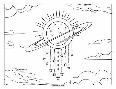 Coloriage de la lune et des étoiles pour enfants : Cratères sur la lune avec des anneaux de halo et des étoiles tombantes