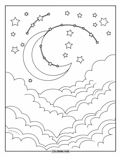Coloriage de la lune et des étoiles pour enfants : Croissant de lune et étoiles formant un doux arc