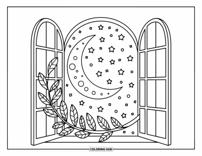 Coloriage de la lune et des étoiles pour enfants : Croissant de lune et étoiles encadrés par une vue de fenêtre