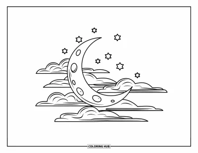 Coloriage de la lune et des étoiles pour enfants : Croissant de lune superposé à des nuages et des étoiles tombantes
