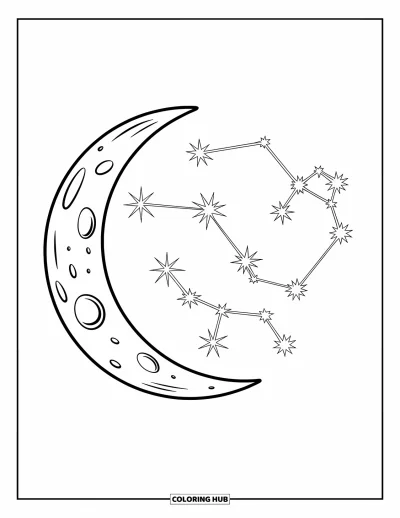 Coloriage de la lune et des étoiles pour enfants : Croissant de lune accompagné de constellations dans le ciel