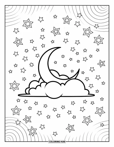 Coloriage de la lune et des étoiles pour enfants : Croissant de lune posé sur un nuage moelleux avec des étoiles