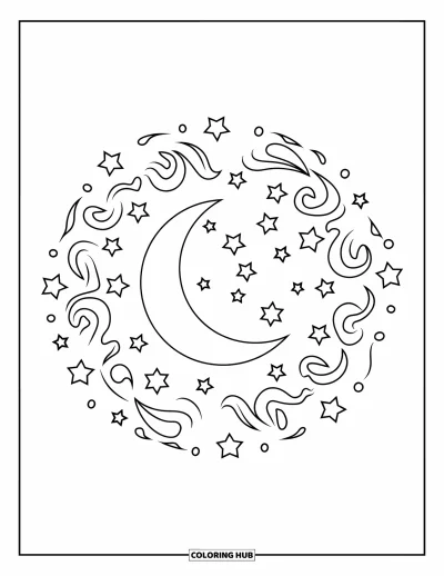 Coloriage de la lune et des étoiles pour enfants : Croissant de lune entouré d'étoiles et de volutes