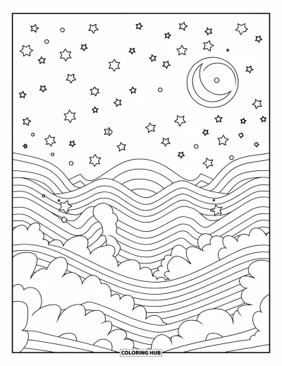 Coloriage de la lune et des étoiles pour enfants : Lignes de vagues expressives avec des étoiles et une lune rayonnante