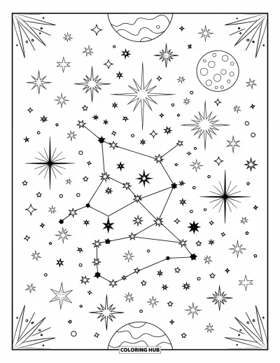 Coloriage de la lune et des étoiles pour enfants : Pleine lune en coin avec des constellations semées d'étoiles