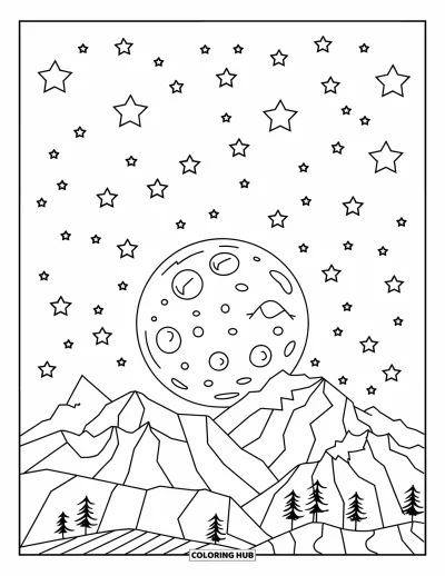 Coloriage de la lune et des étoiles pour enfants : Pleine lune se levant derrière des montagnes et des étoiles
