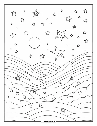 Coloriage de la lune et des étoiles pour enfants : Ciel en vagues stratifiées avec des étoiles et une lune montante