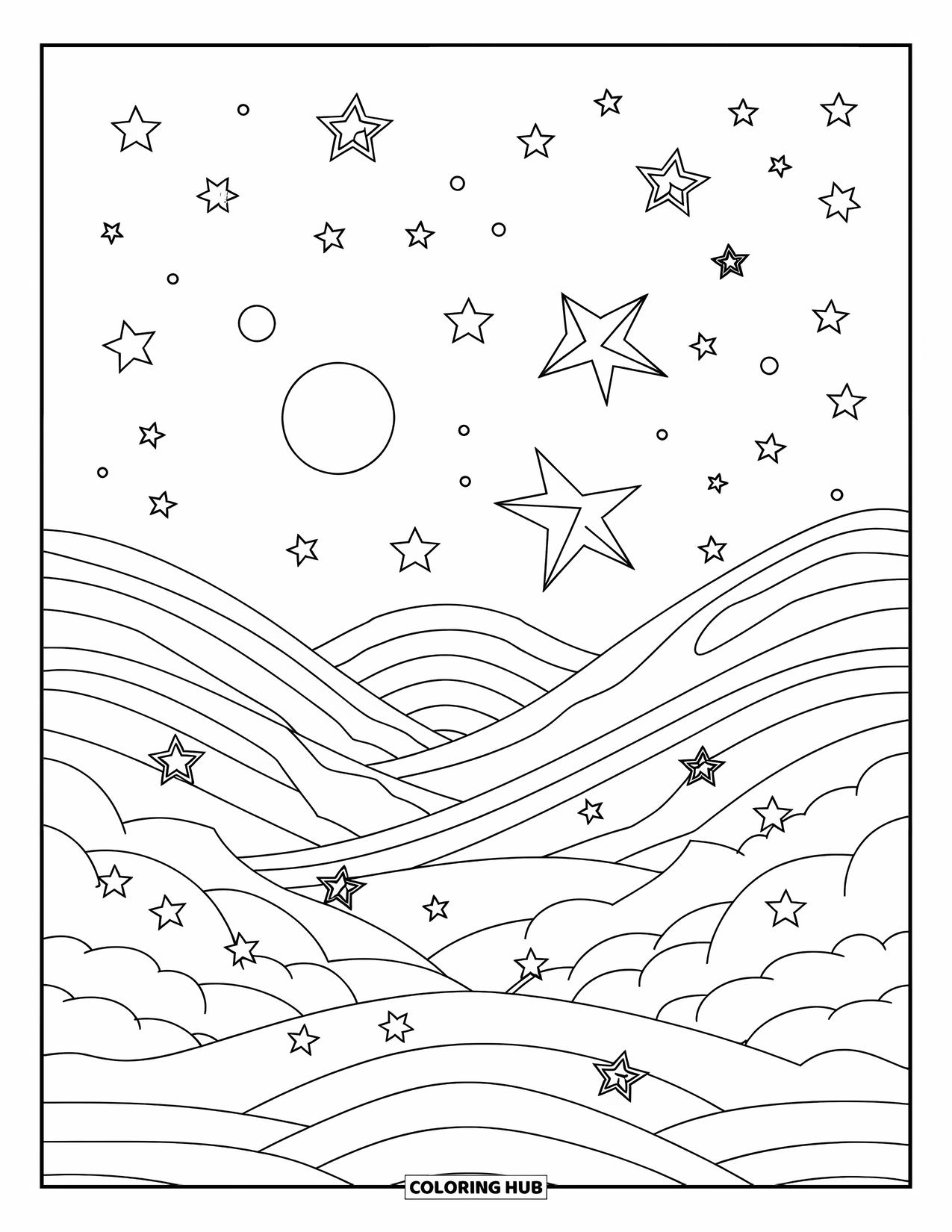 Moon And Stars Coloring Page for Kids: Layered wave sky with stars and a rising moon