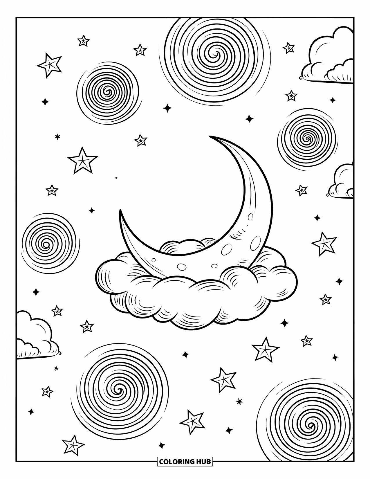 Moon And Stars Coloring Page for Kids: Moon and cloud surrounded by spiral star patterns