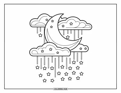 Coloriage de la lune et des étoiles pour enfants : Lune et nuages moelleux avec des étoiles tombant à travers le ciel