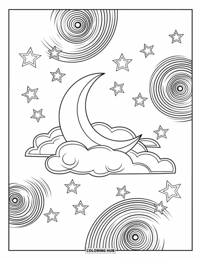 Coloriage de la lune et des étoiles pour enfants : Lune et sommets acérés brillant dans un ciel étoilé