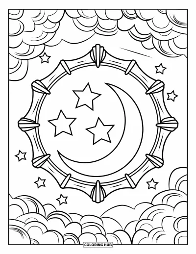 Coloriage de la lune et des étoiles pour enfants : Lune et étoiles encadrées dans une fenêtre rustique sur le ciel