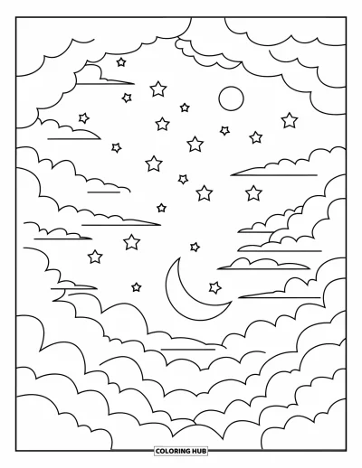 Coloriage de la lune et des étoiles pour enfants : Lune et étoiles brillant dans un ciel nocturne paisible