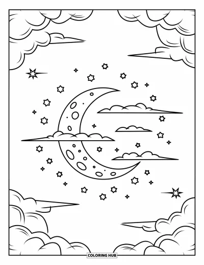 Coloriage de la lune et des étoiles pour enfants : Lune derrière des nuages entourée de petites étoiles scintillantes
