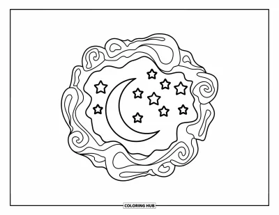 Coloriage de la lune et des étoiles pour enfants : Cratères de lune brillants avec cinq étoiles dans des nuages en spirale