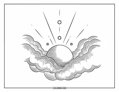 Coloriage de la lune et des étoiles pour enfants : Lune émergeant des nuages avec des étoiles filantes autour