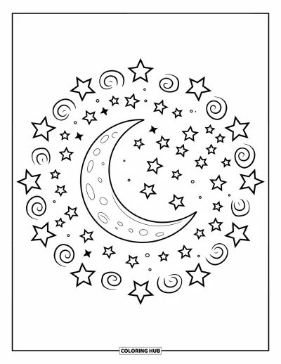Coloriage de la lune et des étoiles pour enfants : Lune dans un cercle étoilé aux motifs tourbillonnants