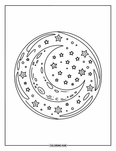 Coloriage de la lune et des étoiles pour enfants : Lune dans un cercle tourbillonnant d'étoiles et de cratères