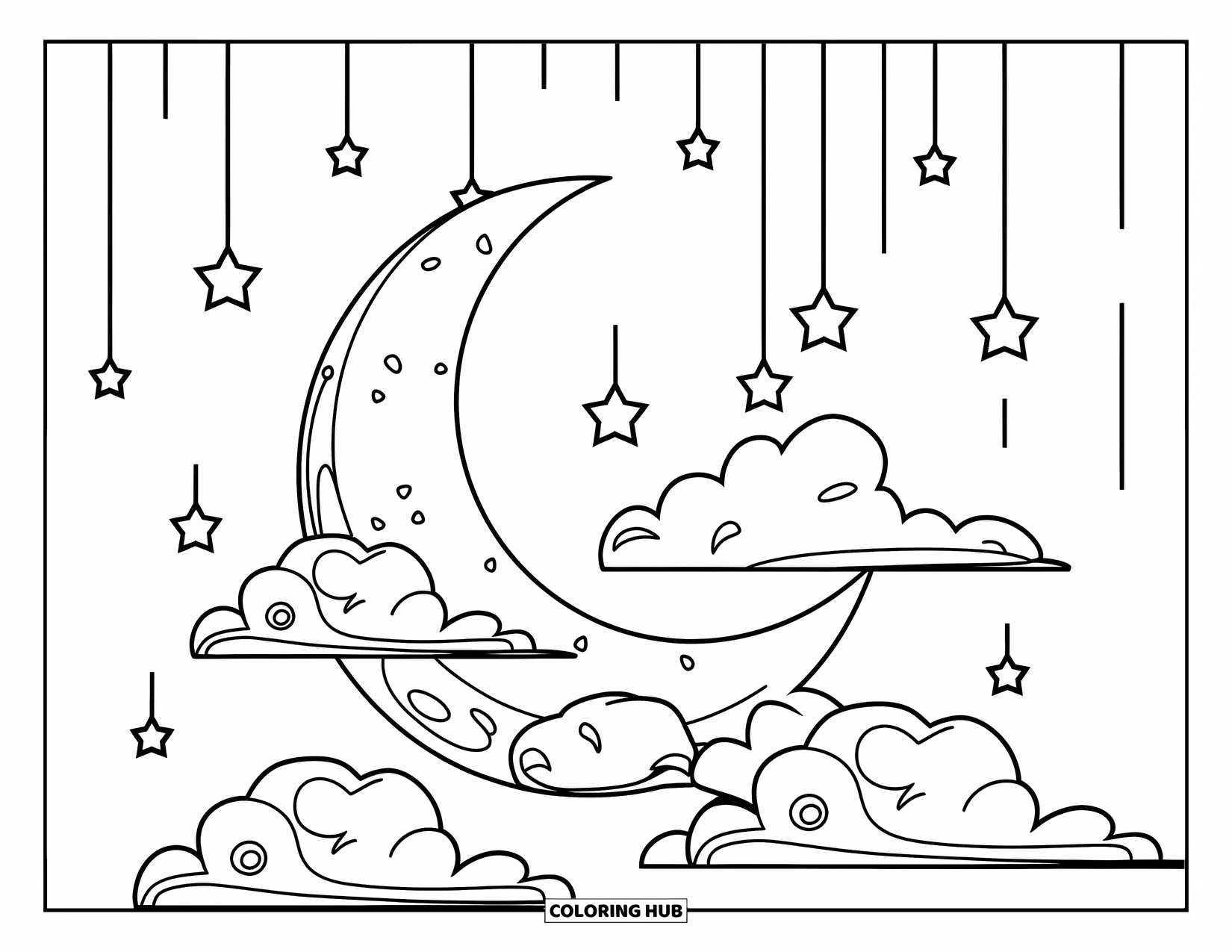 Moon And Stars Coloring Page for Kids: Moon overlapping clouds as stars rain down