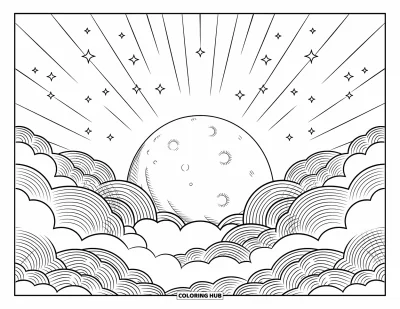Coloriage de la lune et des étoiles pour enfants : Lune surgissant des nuages avec de radieuses étoiles filantes