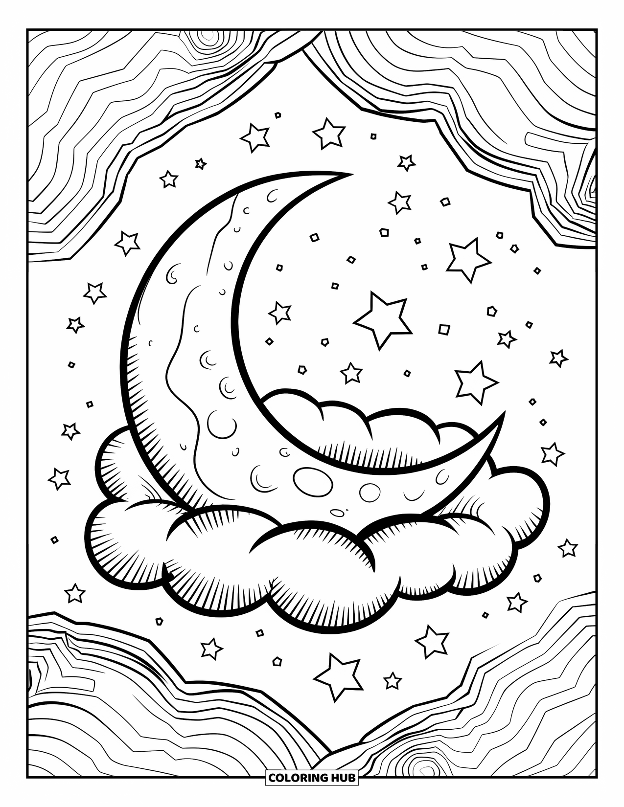 Moon And Stars Coloring Page for Kids: Moon resting on cloud among swirling starry sky