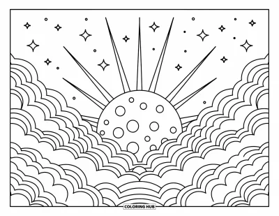 Coloriage de la lune et des étoiles pour enfants : Lune s'élevant des nuages tandis que des étoiles jaillissent vers l'extérieur