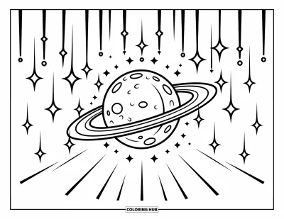Coloriage de la lune et des étoiles pour enfants : Lune cratérisée avec des anneaux de halo parmi des traînées d'étoiles