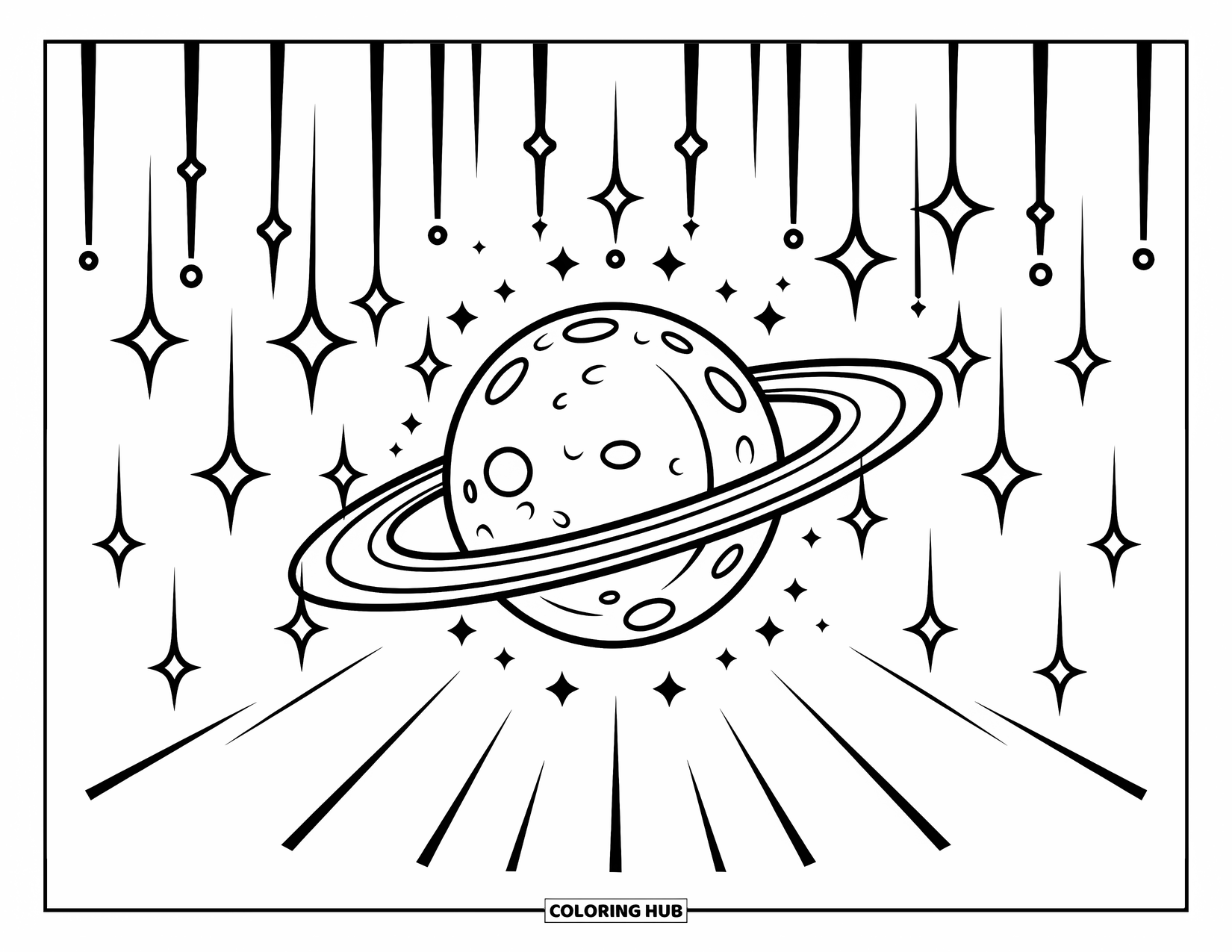 Moon And Stars Coloring Page for Kids: Moon with cratered surface and halo rings among star trails