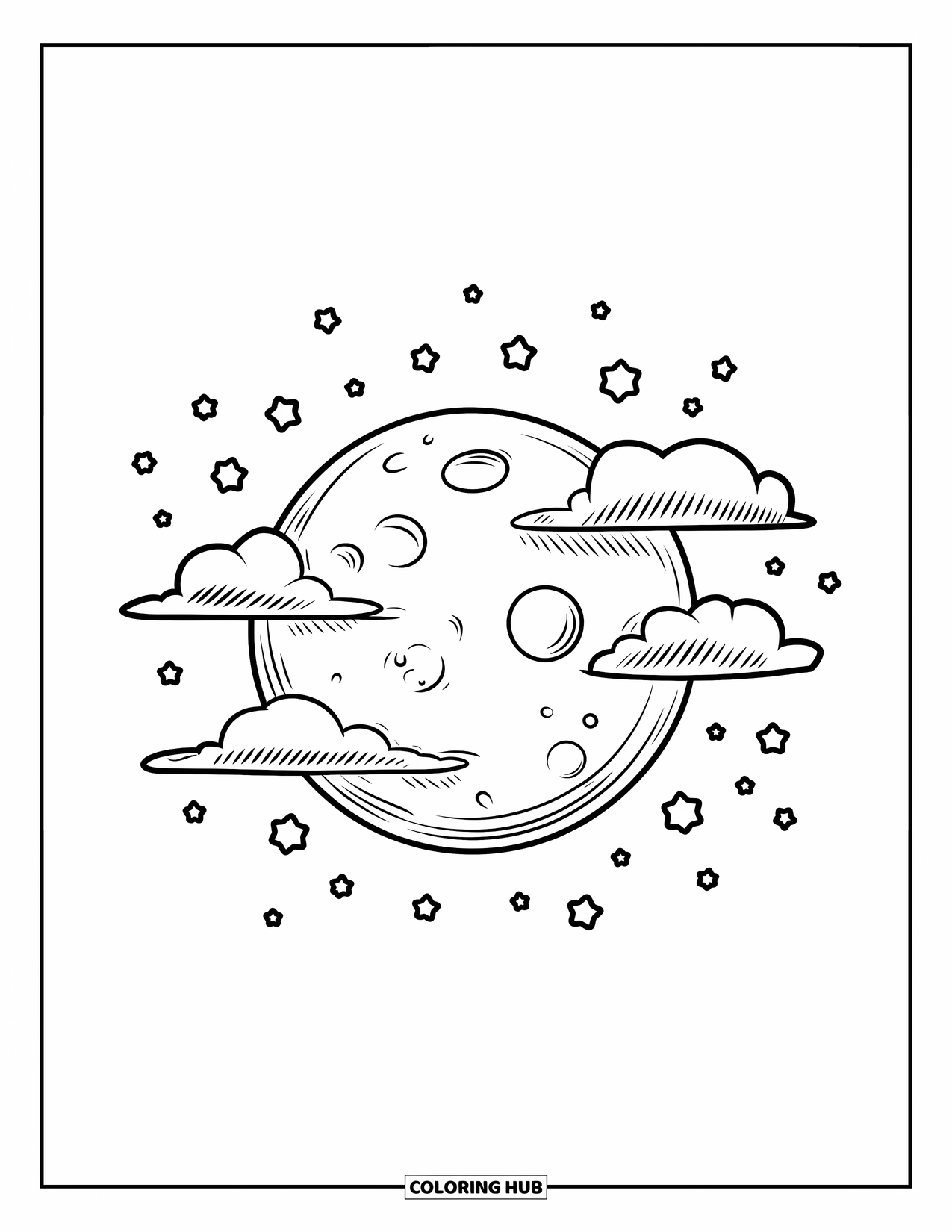 Moon And Stars Coloring Page for Kids: Moon with cratered surface peeking from behind clouds