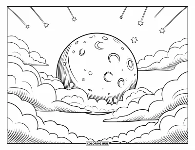 Coloriage de la lune et des étoiles pour enfants : Lune cratérisée brillant parmi des nuages et des étoiles