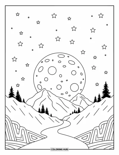 Coloriage de la lune et des étoiles pour enfants : Lune cratérisée brillant au-dessus de pics montagneux étoilés