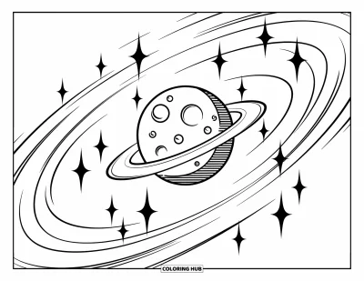 Coloriage de la lune et des étoiles pour enfants : Lune avec des anneaux de halo entourée de traînées d'étoiles tourbillonnantes