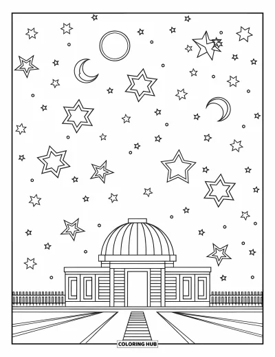 Coloriage de la lune et des étoiles pour enfants : Dôme d'observatoire sous les étoiles et un croissant de lune