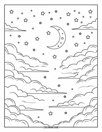 Coloriage de la lune et des étoiles pour enfants : Ciel nocturne serein avec des étoiles, des nuages et un croissant de lune