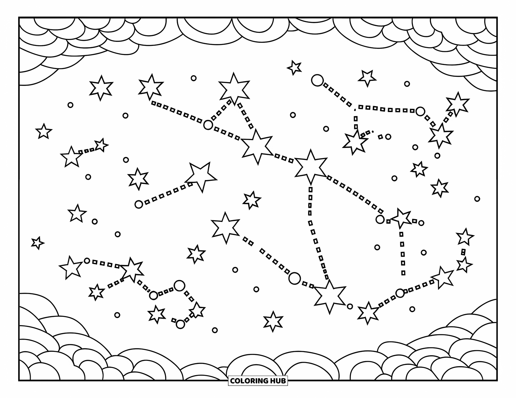 Moon And Stars Coloring Page for Kids: Planets and crescent moon glowing among dreamy stars