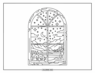 Coloriage de la lune et des étoiles pour enfants : Vue rustique par une fenêtre d'un croissant de lune et d'un village lointain
