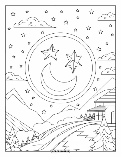 Coloriage de la lune et des étoiles pour enfants : Fenêtre sur un ciel étoilé avec un croissant de lune et des nuages